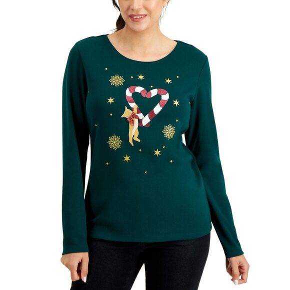 Karen Scott Holiday Cat Cotton Top In Spruce Night XS - Picture 1 of 3